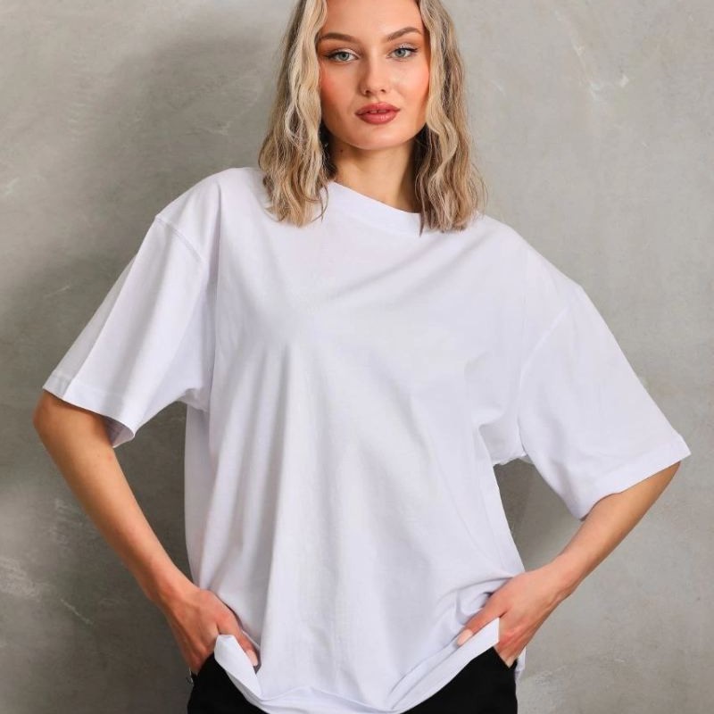 Kadın Düz  Kısa kol Penye T-shirt - Beyaz